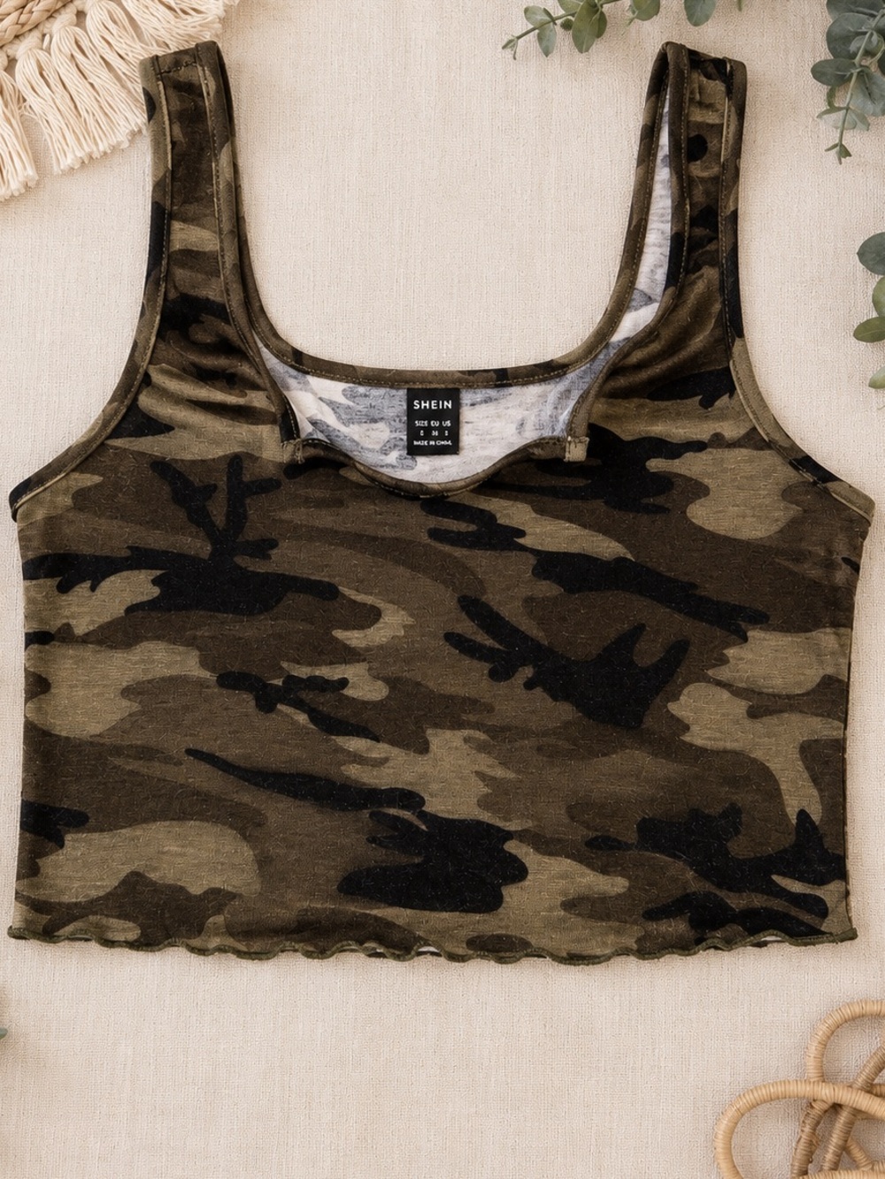 SHEIN Olive Green Camo Ribbed Crop Tank